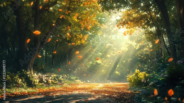 Fototapeta Golden sunlight filters through trees illuminating a forest path covered in autumn leaves in a serene natural landscape