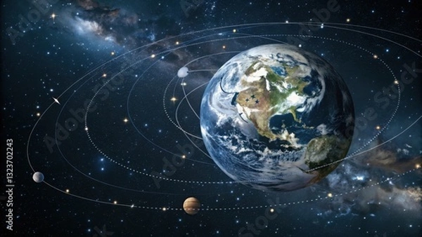 Fototapeta A stunning representation of Earth in space, surrounded by celestial bodies and stars, showcasing the vastness of the universe.