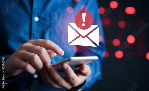 Fototapeta Spam or Phishing Email Alert – Glowing Red Email Notification on Smartphone, spam email alert, phishing email warning, cybersecurity awareness, email scam notification