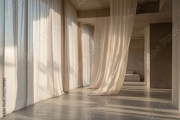 Fototapeta Minimalist concrete interior with flowing drapes, sunlight streaming through windows. Use Architectural photography, interior design