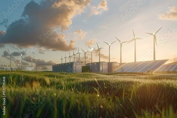 Fototapeta Modern Battery Energy Storage System with Wind Turbines and Solar Panels