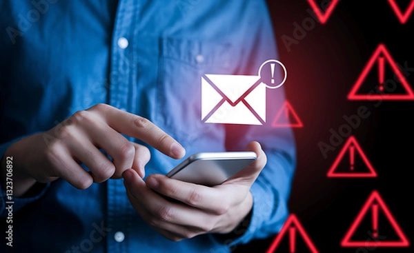 Fototapeta Spam or Phishing Email Alert – Glowing Red Email Notification on Smartphone, spam email alert, phishing email warning, cybersecurity awareness, email scam notification