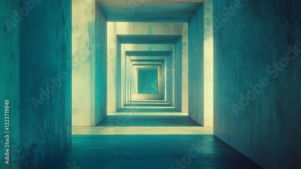 Fototapeta An endless geometric corridor bathed in a surreal turquoise glow, evoking infinity and architectural intrigue.