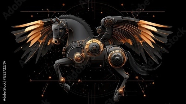 Fototapeta Steampunk Pegasus A Majestic Mechanical Horse with Golden Wings Soaring Through the Night