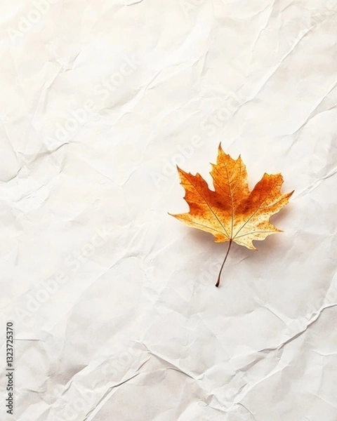 Fototapeta Autumn Maple Leaf on Crumpled Beige Paper Texture Background with Copy Space.
