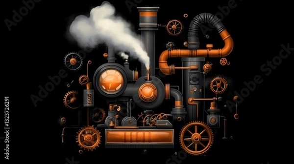 Fototapeta Intricate Steam-Powered Machinery A Glowing Orange and Black Steampunk Marvel