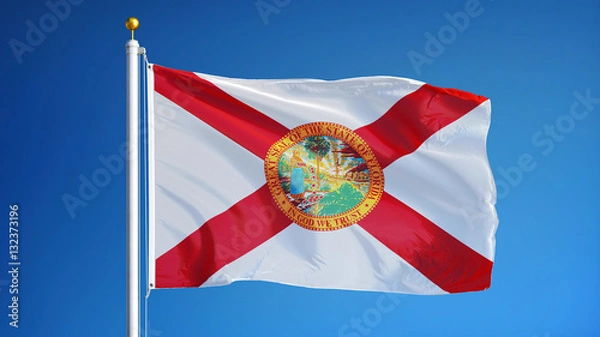 Fototapeta Florida (U.S. state) flag waving against clear blue sky, close up, isolated with clipping path mask alpha channel transparency, perfect for film, news, composition