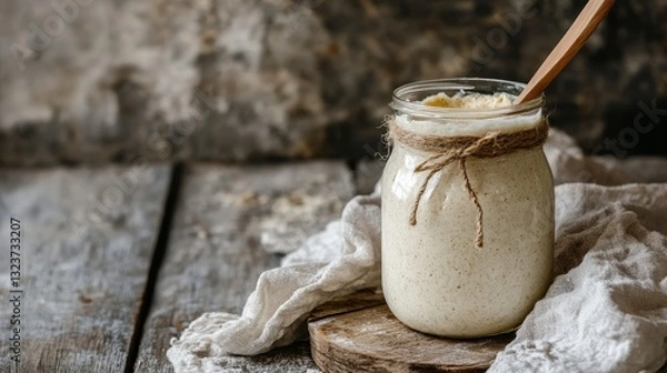 Obraz Rustic Sourdough Starter in Glass Jar: A Culinary Still Life, Capturing the Essence of Natural Fermentation and Artisan Baking on a Wooden Table with Linen Cloth.