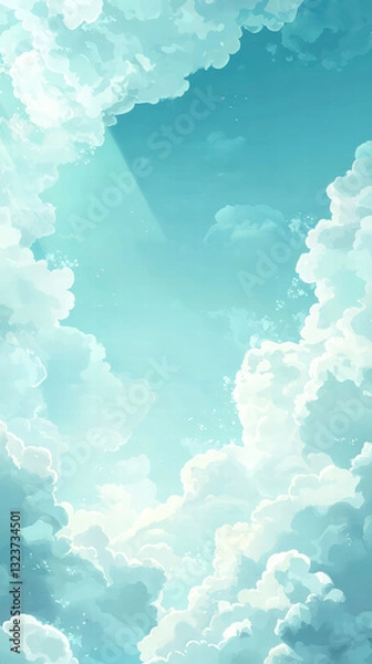 Obraz Skyward Serenity: A captivating view of the bright blue sky is framed by fluffy clouds, inviting viewers to experience tranquility and the splendor of nature.