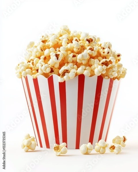 Fototapeta Close-up of striped popcorn bucket filled with popcorn on white background.