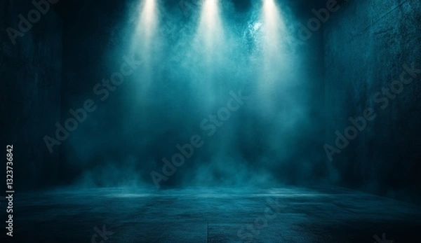 Fototapeta Empty concrete room with spotlights and smoke for product placement or stage