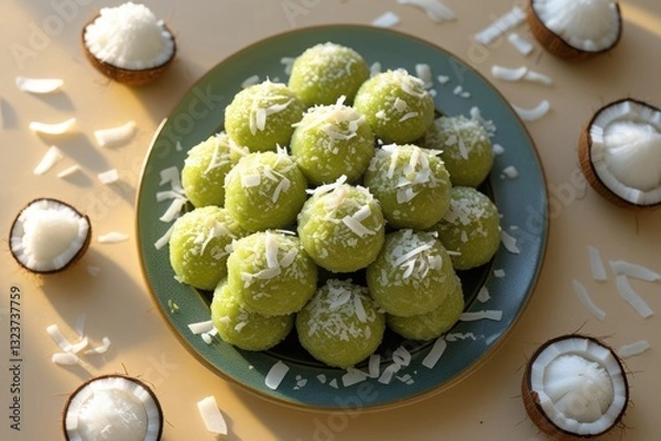 Fototapeta A dish of warm green klepon with fresh coconut in soft golden light.