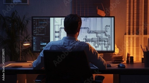 Fototapeta Mechanical Engineer Analyzing 3D CAD Designs of Piping Systems in a Modern Office with Dual Monitors