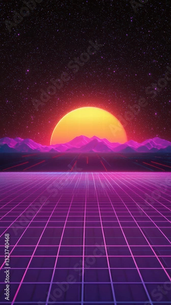 Fototapeta Retro Sunset Grid: A vibrant 80s-inspired digital art piece depicting a radiant sunset over a gridded landscape, evoking feelings of nostalgia and futuristic optimism.