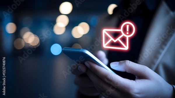 Fototapeta Spam or Phishing Email Alert – Glowing Red Email Notification on Smartphone, spam email alert, phishing email warning, cybersecurity awareness, email scam notification