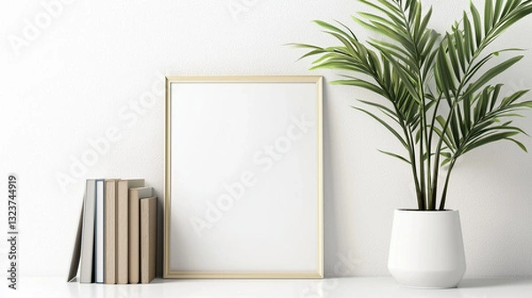 Fototapeta minimalist decor with blank frame plant and books