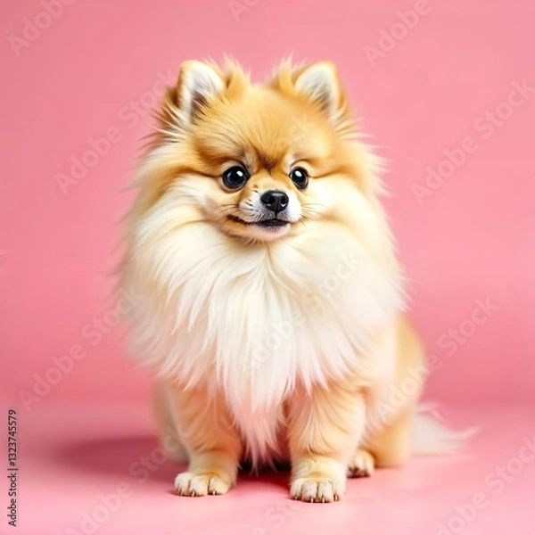 Obraz A fluffy Pomeranian dog with brown and white fur, small erect ears, and a pointed snout, set against a vibrant pink background