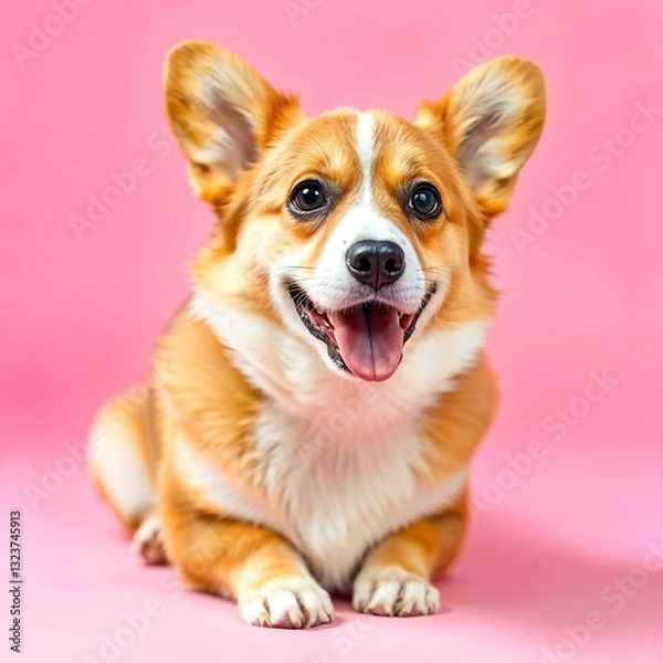 Obraz A corgi dog with white fur, sitting and smiling with its tongue out, in a pink background
