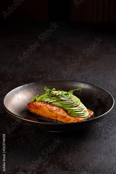 Fototapeta A perfectly grilled salmon steak served with fresh avocado slices. Restaurant-style presentation with vibrant colors and elegant plating. Captured under studio lighting