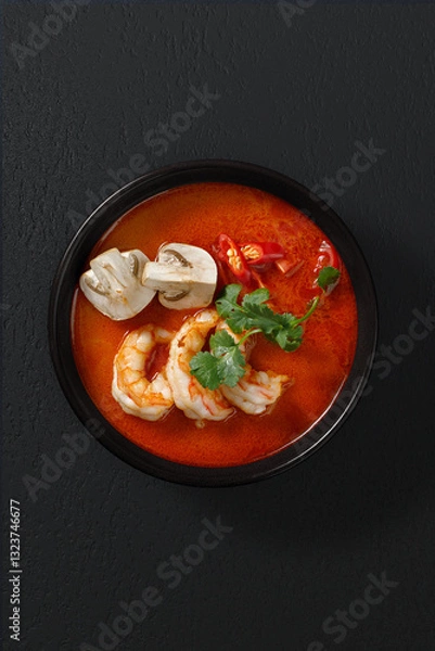 Fototapeta Authentic Thai Tom Yum soup with shrimp, mushrooms, and chili peppers in spicy red broth. Restaurant-style serving with fresh herbs. Top-down view, studio shot.
