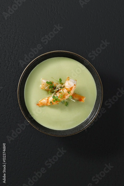 Fototapeta A creamy broccoli soup with shrimp, served in a restaurant-style presentation. Smooth texture, rich green color, and seafood garnish. Captured under studio lighting from a top-down perspective