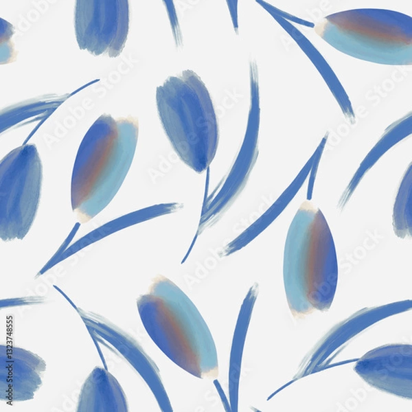 Fototapeta seamless vector design, blue tulips flower pattern with leaves on white background