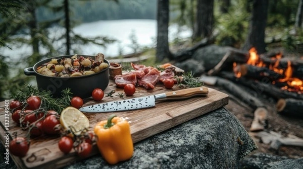 Obraz A gleaming, sharp stainless steel blade rests securely within a warm, natural wood handle, ready to tackle culinary challenges and outdoor adventures with equal ease.