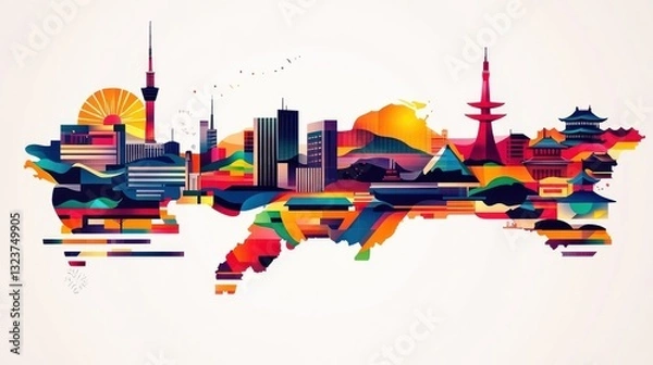 Obraz Colorful abstract pixelated city skyline graphic with various buildings and landmarks on white background