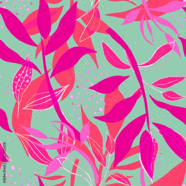 Fototapeta seamless pattern with pink leaves on mint background 
