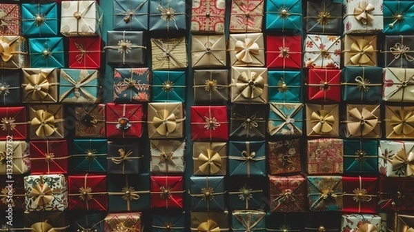 Fototapeta A wall filled with wrapped gifts in various colors and patterns.