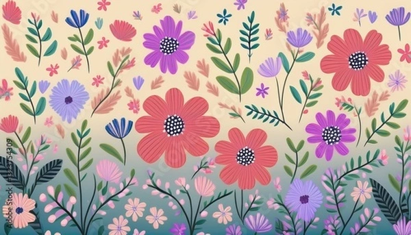 Fototapeta Delicate botanical patterns on a pastel background, perfect for UX/UI design, offering a soft, modern, and elegant touch.
