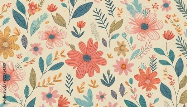Fototapeta Delicate botanical patterns on a pastel background, perfect for UX/UI design, offering a soft, modern, and elegant touch.
