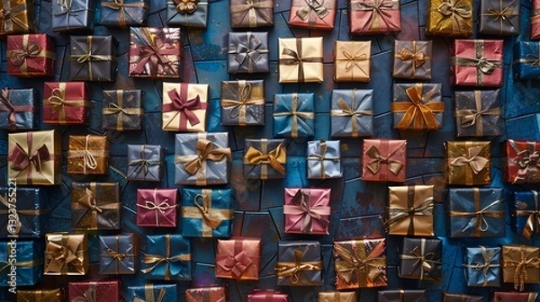 Fototapeta A wall of wrapped gifts in various colors and patterns.