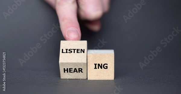 Fototapeta Hand turns cube and changes the word hearing to listening. 