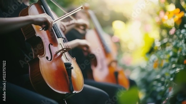 Fototapeta Musicians passionately play cellos in a garden, blending music with nature's vibrant colors and soft sunlight.