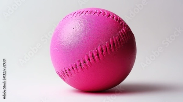 Fototapeta A vibrant pink softball, its glossy surface reflecting the light, rests on a stark white canvas, its color popping against the clean backdrop, highlighting its texture and form.