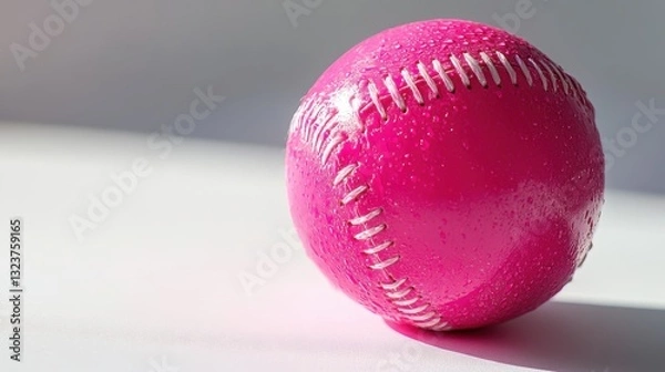 Fototapeta A vibrant pink softball, its glossy surface reflecting the light, rests on a stark white canvas, its color popping against the clean backdrop, highlighting its texture and form.