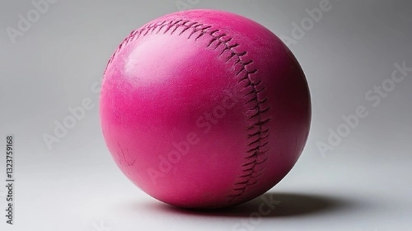 Fototapeta A vibrant pink softball, its glossy surface reflecting the light, rests on a stark white canvas, its color popping against the clean backdrop, highlighting its texture and form.