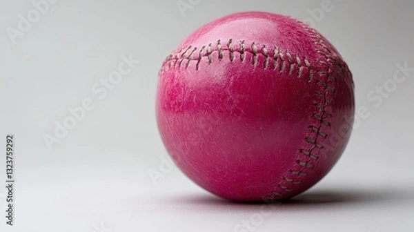 Fototapeta A vibrant pink softball, its glossy surface reflecting the light, rests on a stark white canvas, its color popping against the clean backdrop, highlighting its texture and form.