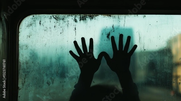 Obraz Silhouetted hands press against a foggy window, capturing mystery and intrigue in an urban setting.