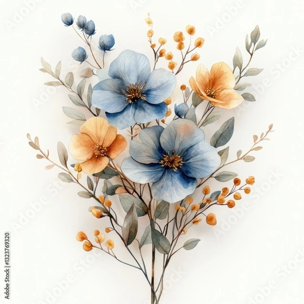 Fototapeta Watercolor Floral Pattern Autumn Dried Flowers Leaves Branches Organic Botanical Design on White Background