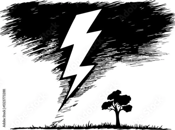 Fototapeta Lightning strikes a tree in a stormy landscape nature illustration dramatic viewpoint artistic concept