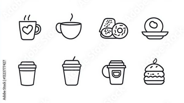 Obraz A Delightful Spread: A collection of illustrated icons showcases a tasty assortment of coffees, pastries, and a delightful burger. A visual feast for food enthusiasts and designers alike.