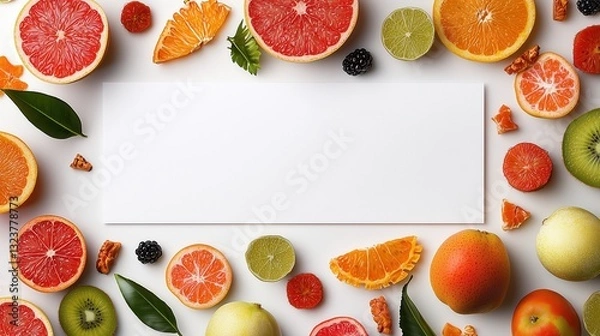 Fototapeta Fresh tropical fruits wallpaper background on the right with banner and copy space area on center