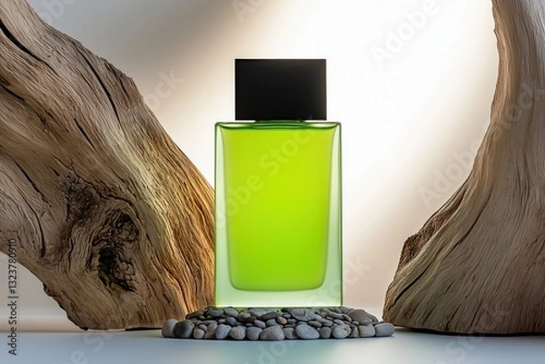 Fototapeta Product photography, bottle of green perfume on a little pebble podium, composed with a driftwood