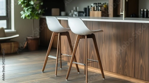 Fototapeta A sleek, contemporary bar stool, boasting a pristine white seat crafted from polished acrylic and sturdy wooden legs, seamlessly blending into any modern aesthetic.