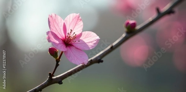 Obraz Single pink blossom on a bare stem in sunlight, sunlight,, spring