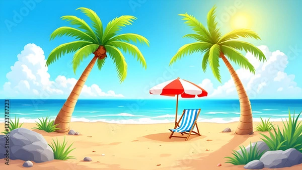 Fototapeta Idyllic Tropical Beach Scene with Palm Trees, Sunlit Ocean Waves, and Relaxing Lounge Chair Under a Red and White Umbrella – Perfect Summer Vacation Concept.