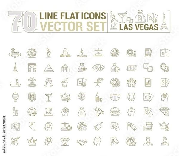 Fototapeta Vector graphic set of icons in flat, contour, thin and linear design. Las Vegas. Slot machine, casino, poker. Gambling. Concept infographics for entertainment city for Web site and app.