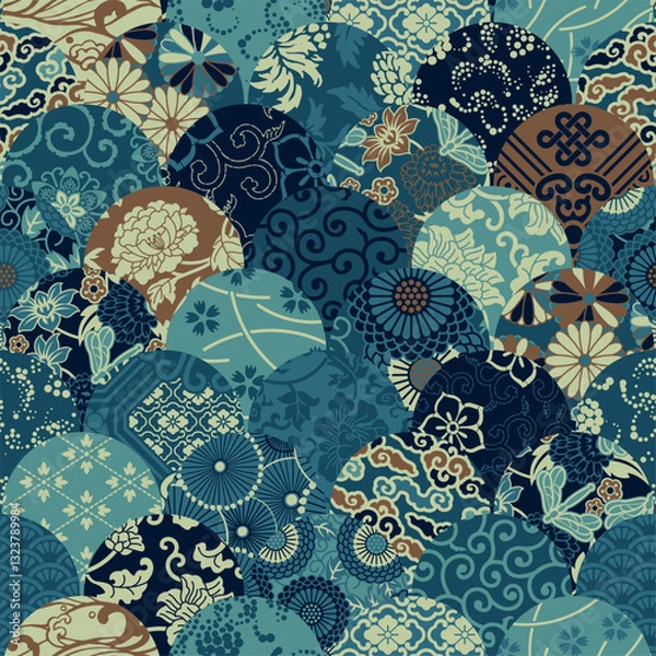 Fototapeta Japanese style traditional  fabric patchwork wallpaper abstract floral vector seamless pattern for shirt fabric wrapping carpet rug tablecloth pillow